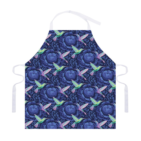 Dark Blue Floral Hummingbird Print Adjustable Apron