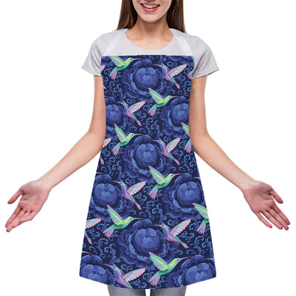 Dark Blue Floral Hummingbird Print Adjustable Apron