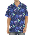 Dark Blue Floral Hummingbird Print Aloha Shirt