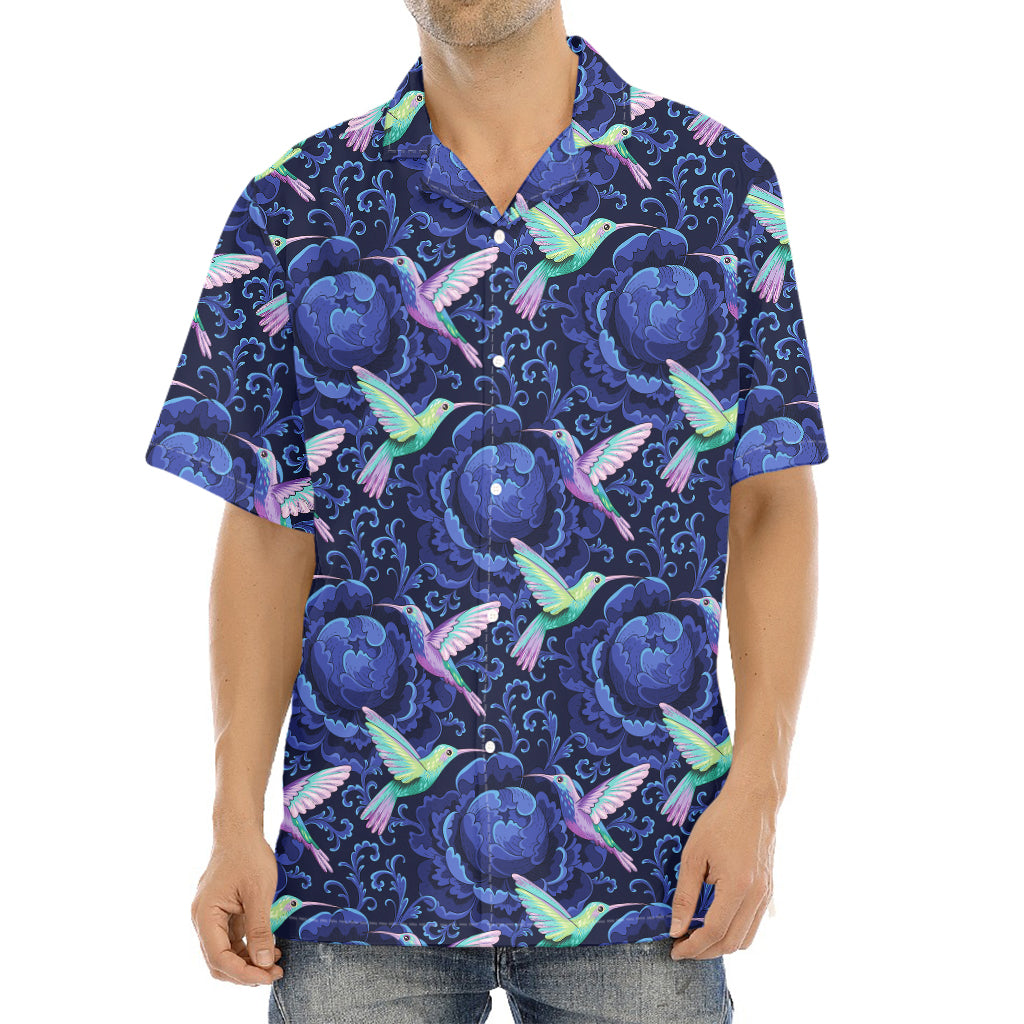 Dark Blue Floral Hummingbird Print Aloha Shirt