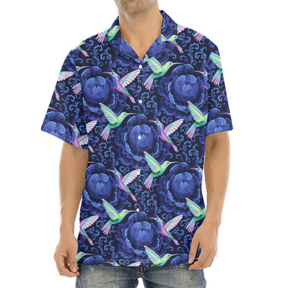 Dark Blue Floral Hummingbird Print Aloha Shirt