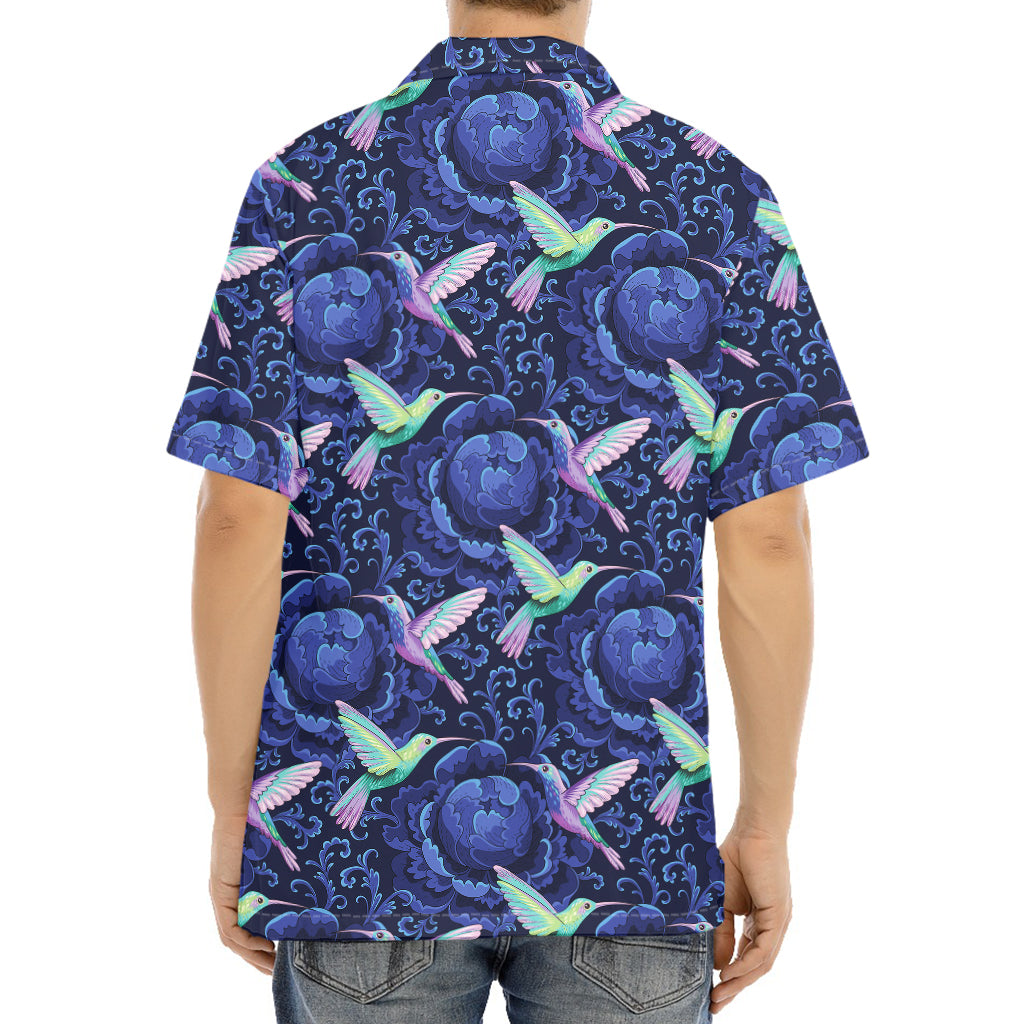 Dark Blue Floral Hummingbird Print Aloha Shirt
