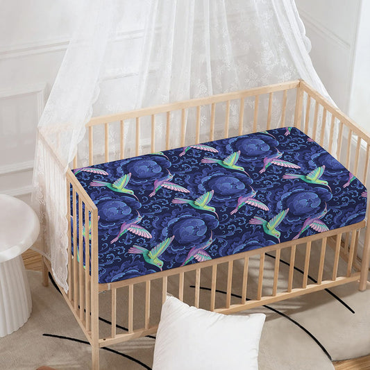 Dark Blue Floral Hummingbird Print Baby Crib Sheet