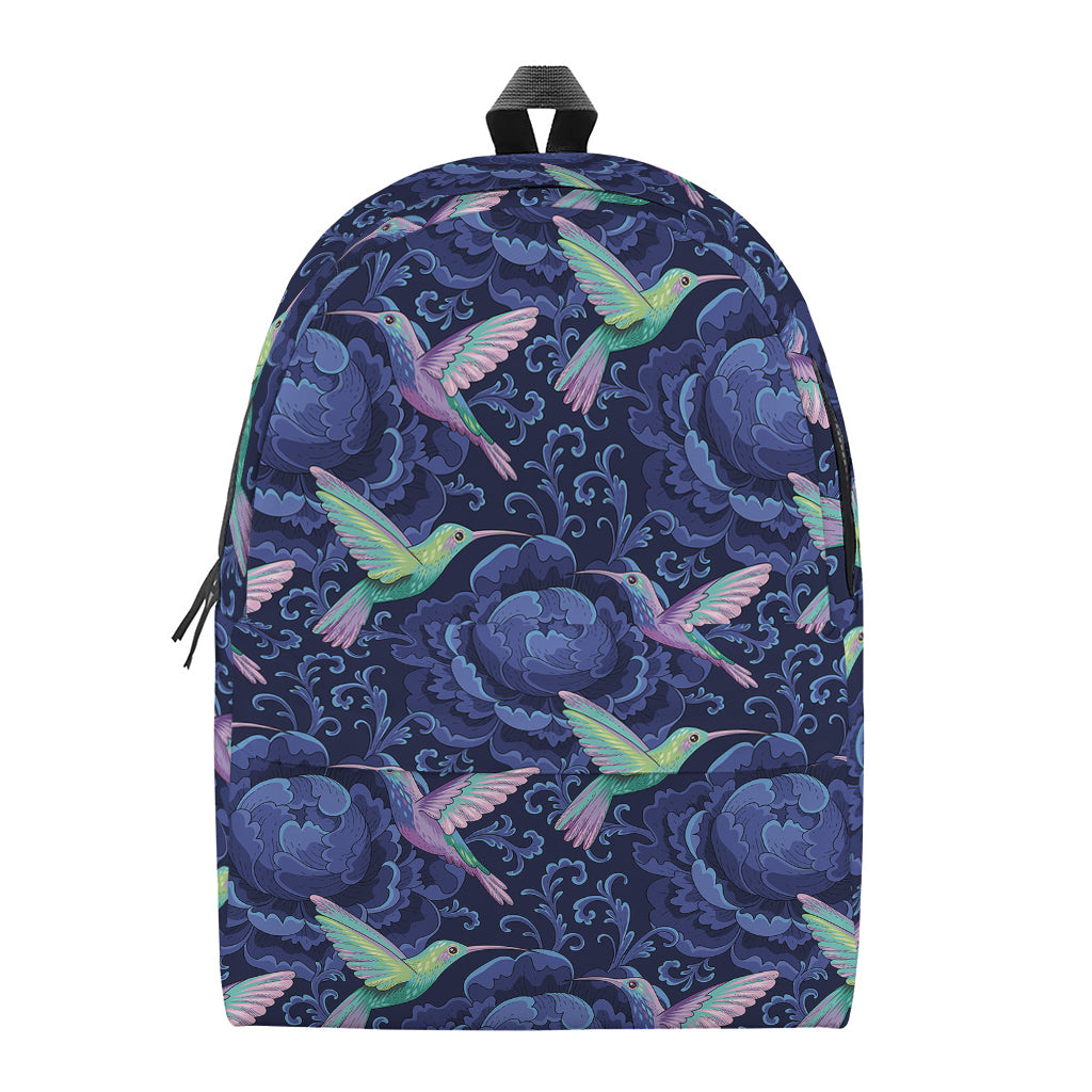 Dark Blue Floral Hummingbird Print Backpack