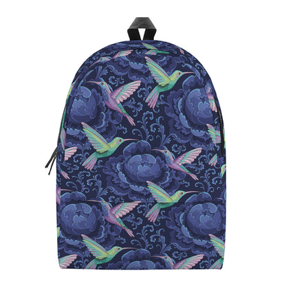 Dark Blue Floral Hummingbird Print Backpack