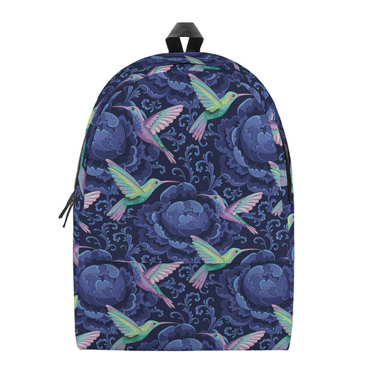 Dark Blue Floral Hummingbird Print Backpack