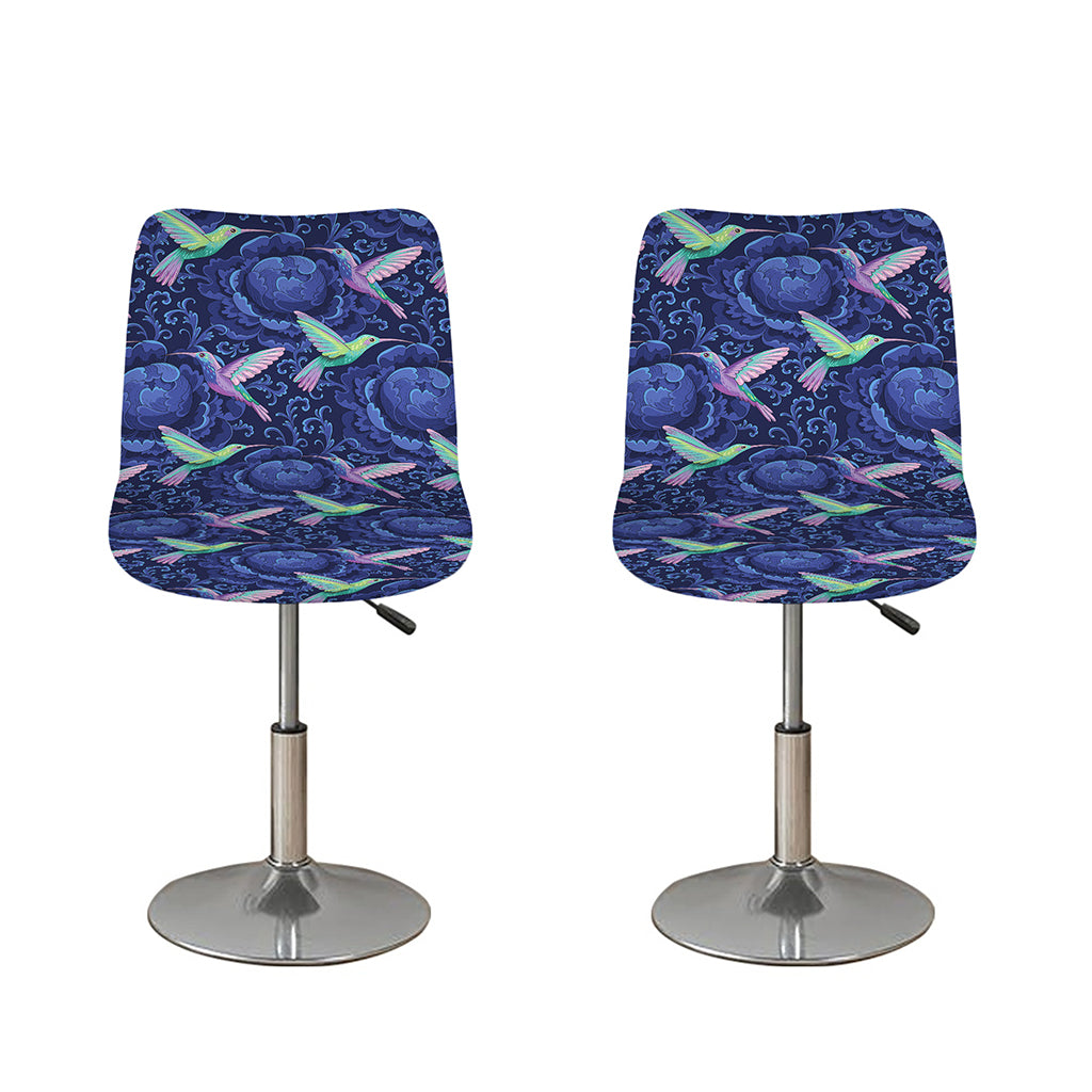 Dark Blue Floral Hummingbird Print Bar Stool Covers