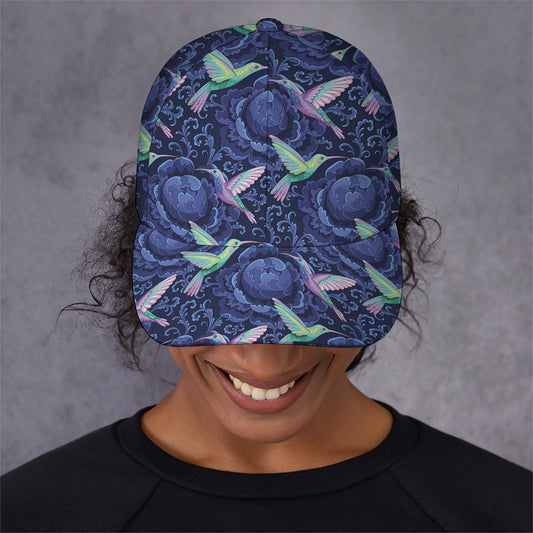 Dark Blue Floral Hummingbird Print Baseball Cap
