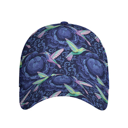 Dark Blue Floral Hummingbird Print Baseball Cap
