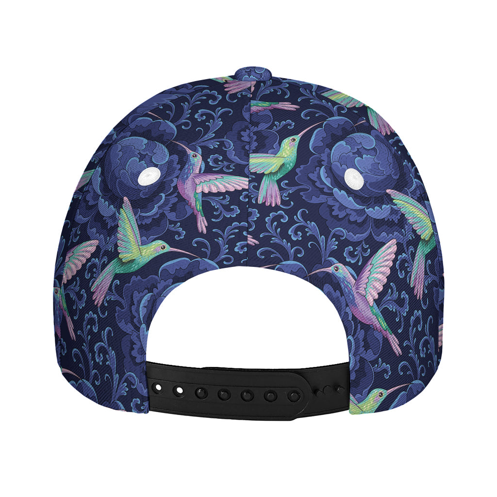 Dark Blue Floral Hummingbird Print Baseball Cap