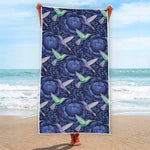 Dark Blue Floral Hummingbird Print Beach Towel