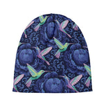 Dark Blue Floral Hummingbird Print Beanie