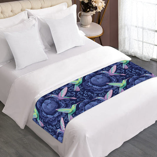 Dark Blue Floral Hummingbird Print Bed Runner