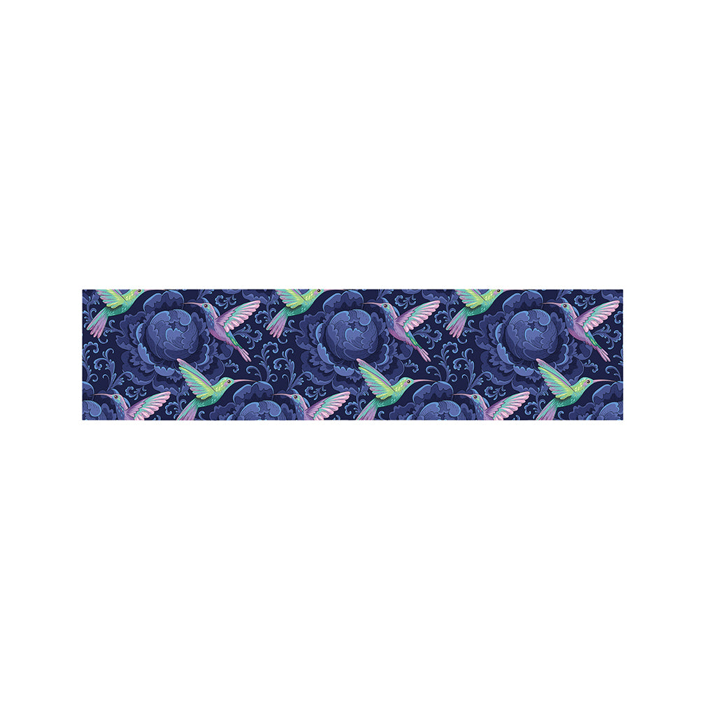 Dark Blue Floral Hummingbird Print Bed Runner