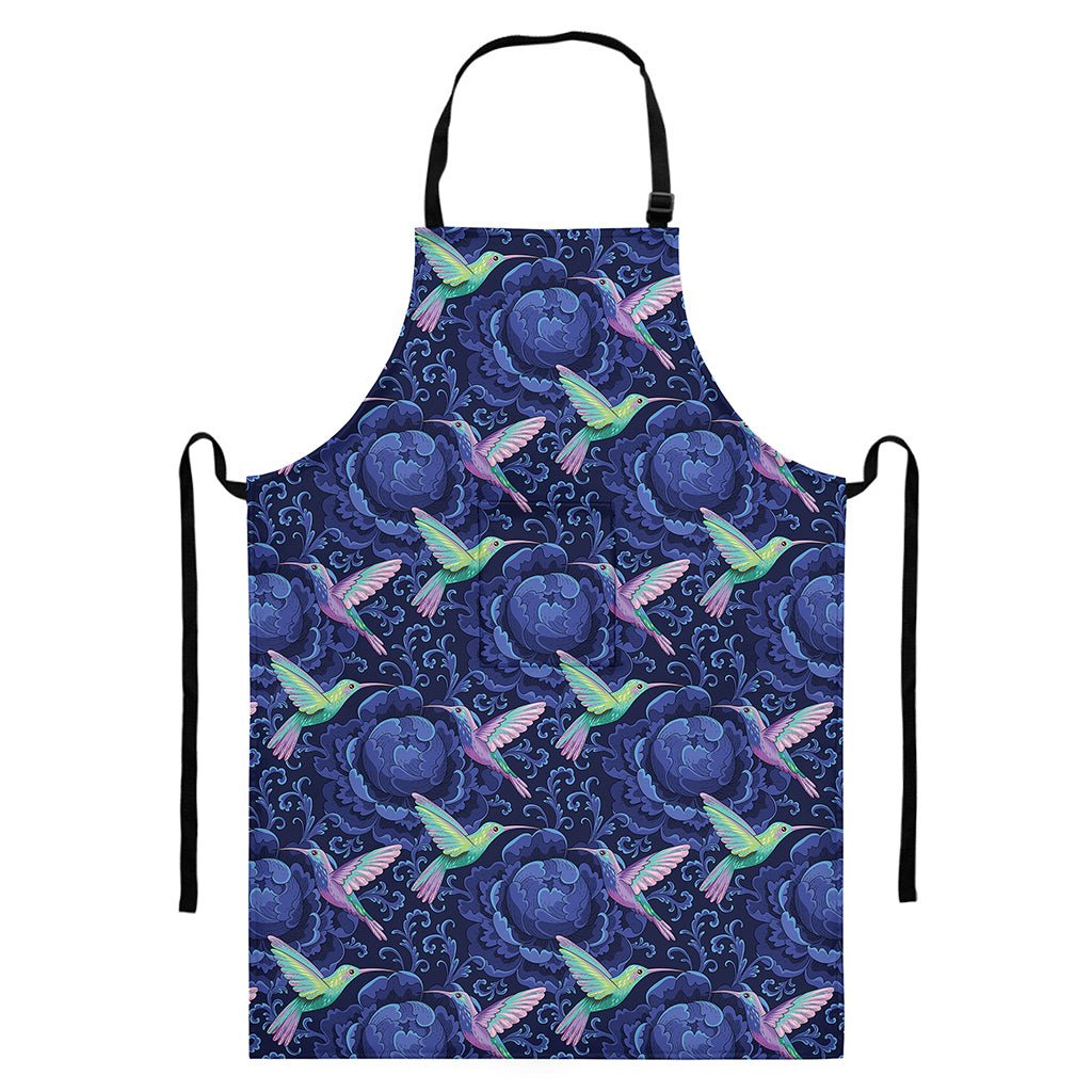 Dark Blue Floral Hummingbird Print Bib Apron With Pocket