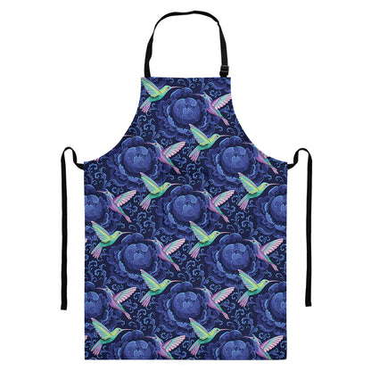 Dark Blue Floral Hummingbird Print Bib Apron With Pocket