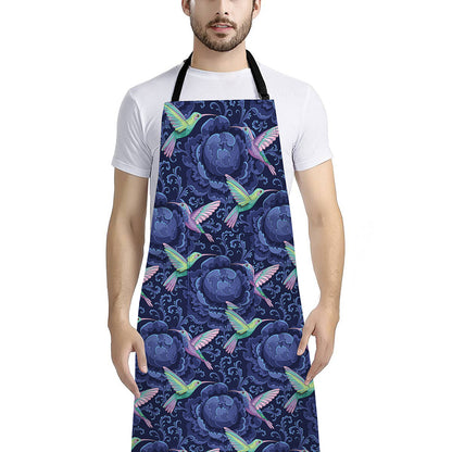 Dark Blue Floral Hummingbird Print Bib Apron With Pocket
