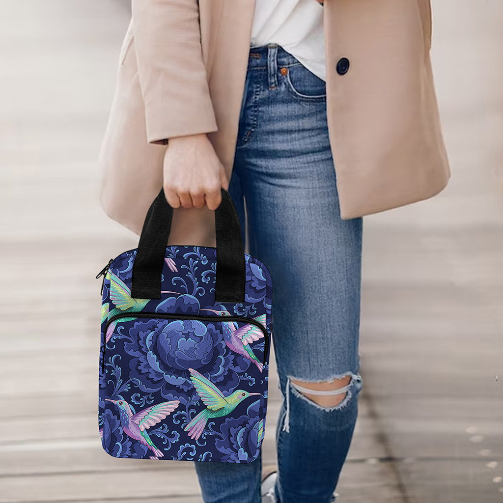 Dark Blue Floral Hummingbird Print Bible Tote Bag