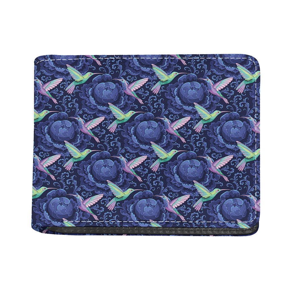 Dark Blue Floral Hummingbird Print Bifold Wallet