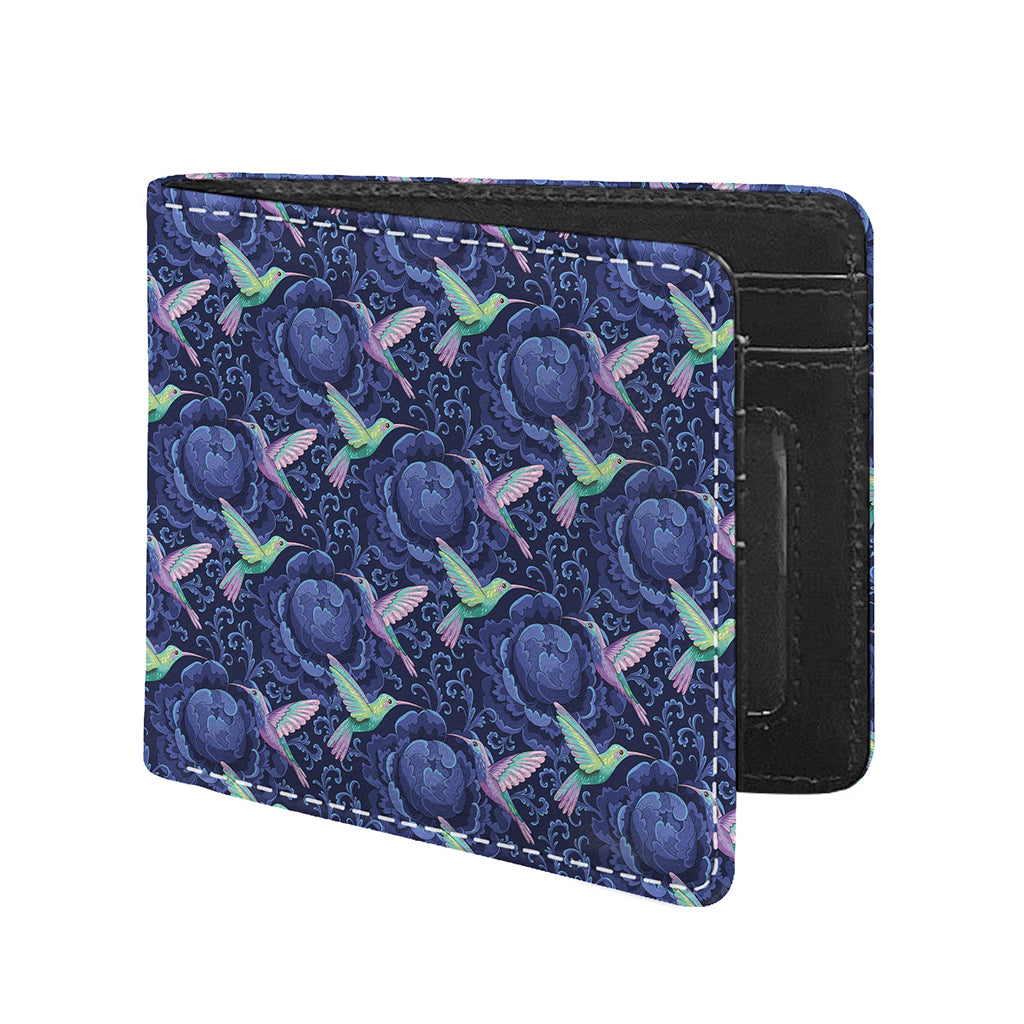 Dark Blue Floral Hummingbird Print Bifold Wallet