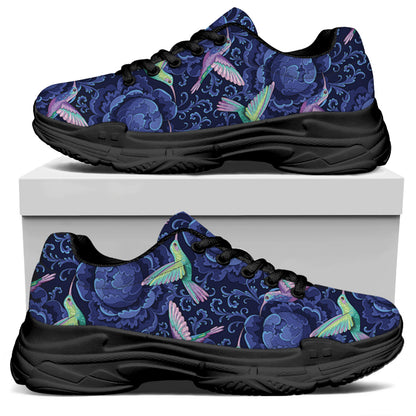 Dark Blue Floral Hummingbird Print Black Chunky Shoes