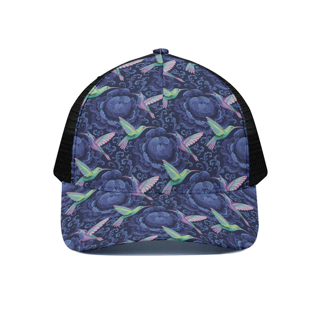 Dark Blue Floral Hummingbird Print Black Mesh Trucker Cap