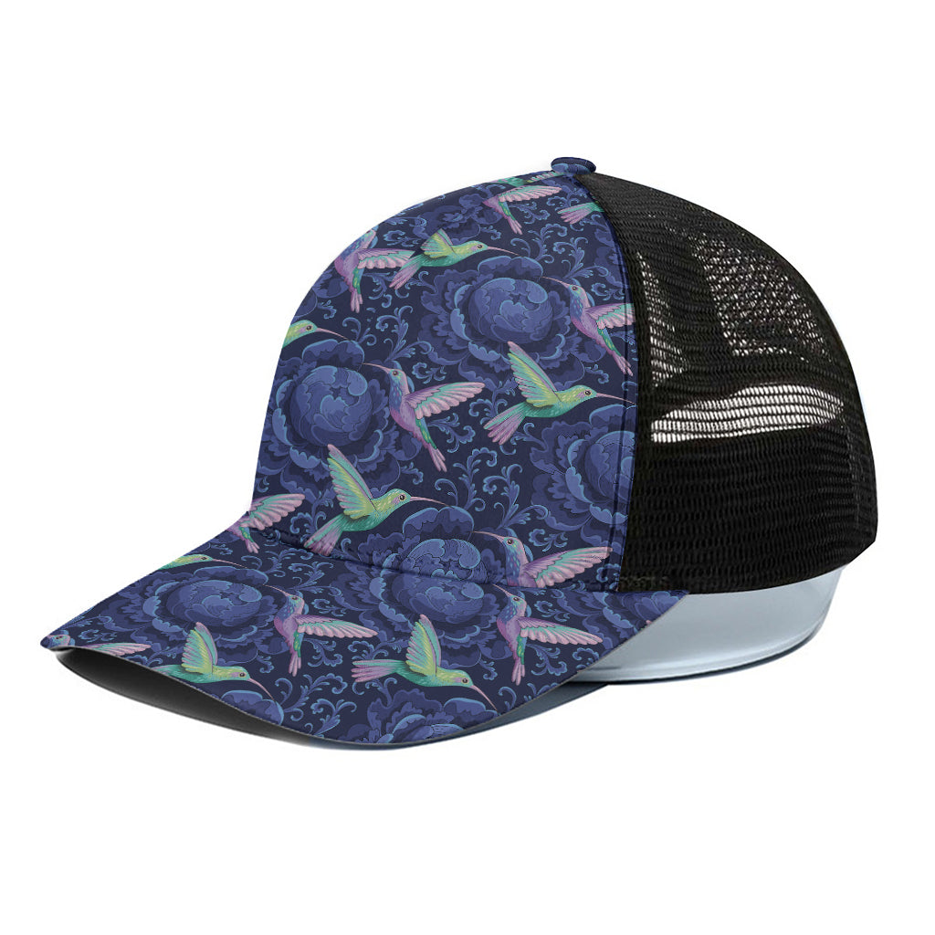 Dark Blue Floral Hummingbird Print Black Mesh Trucker Cap