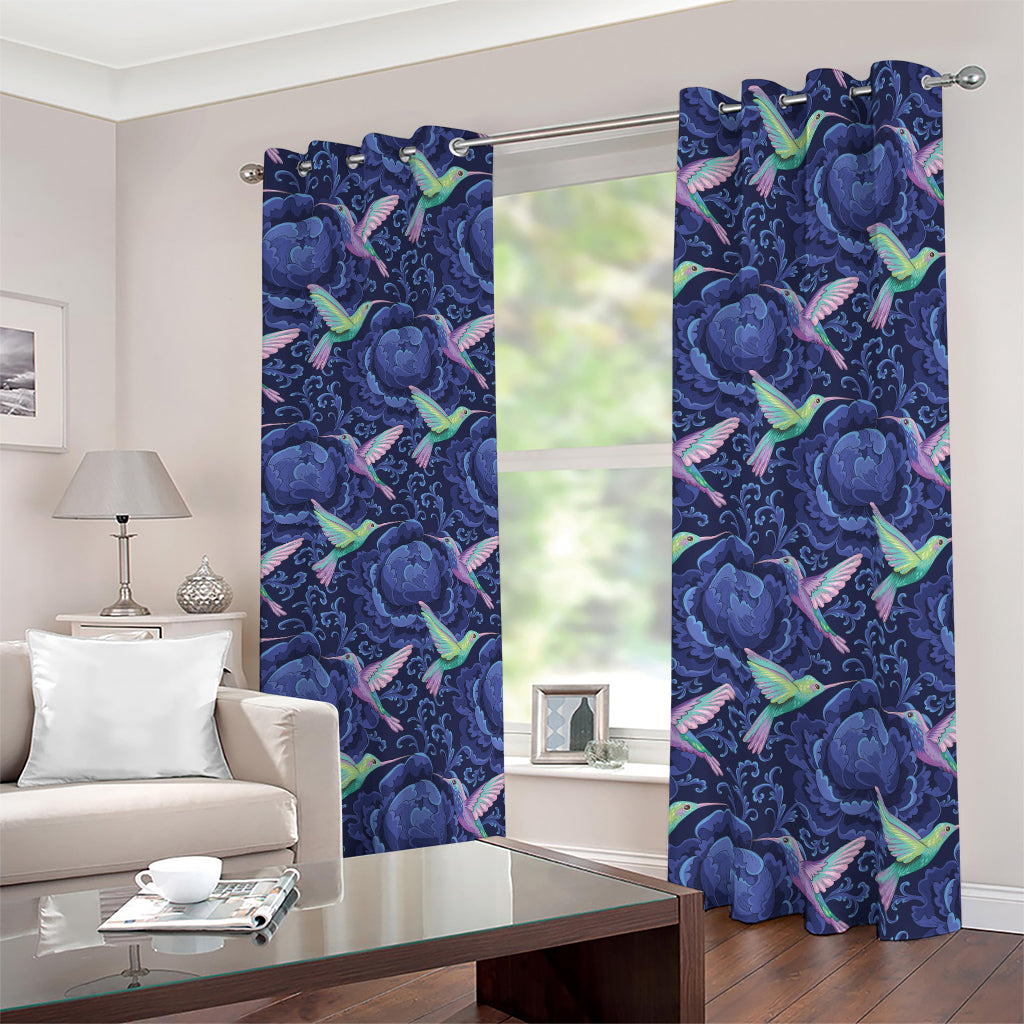 Dark Blue Floral Hummingbird Print Blackout Grommet Curtains