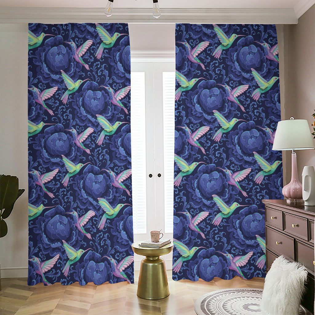 Dark Blue Floral Hummingbird Print Blackout Pencil Pleat Curtains
