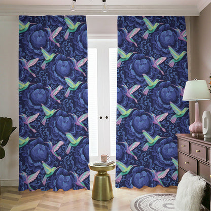 Dark Blue Floral Hummingbird Print Blackout Pencil Pleat Curtains