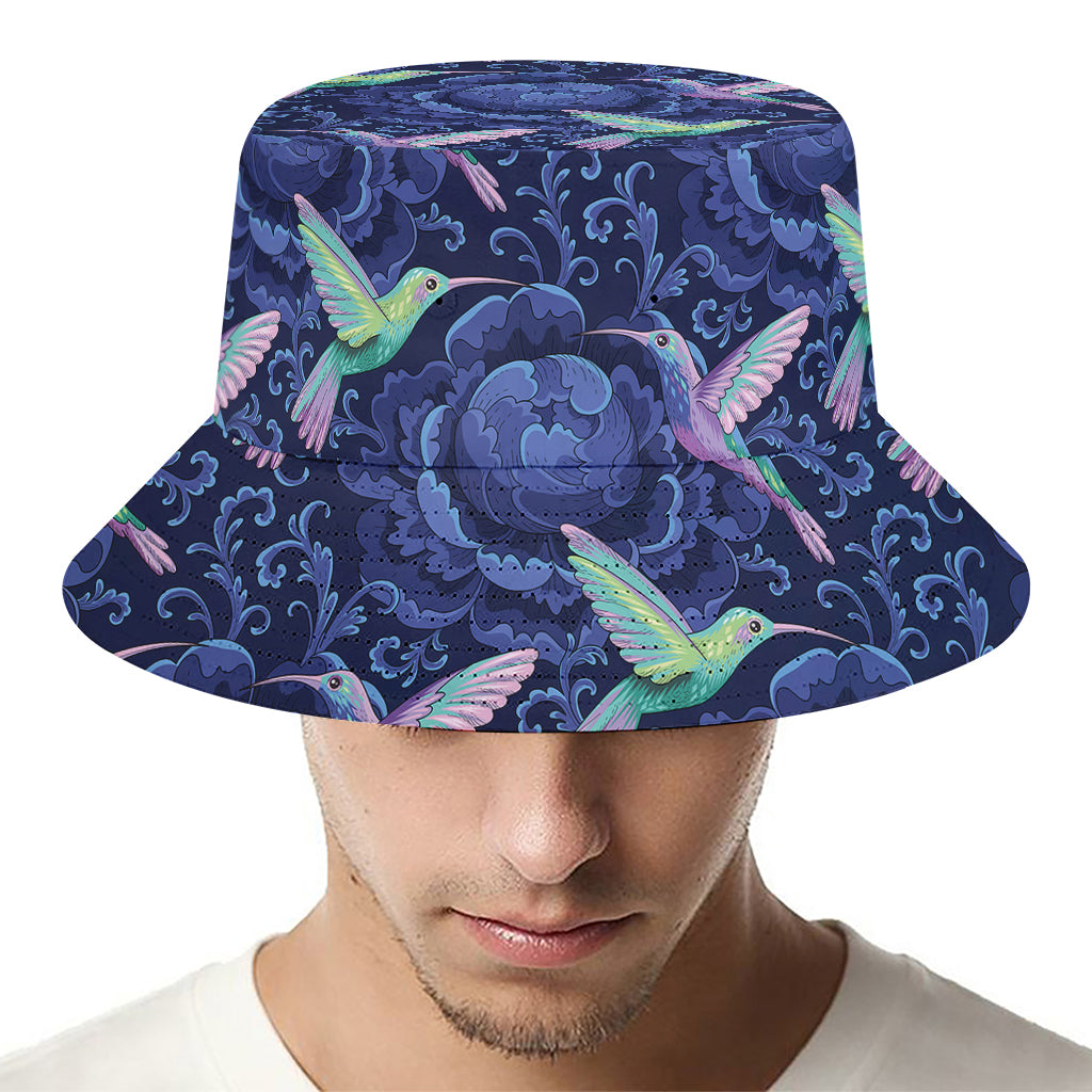 Dark Blue Floral Hummingbird Print Bucket Hat