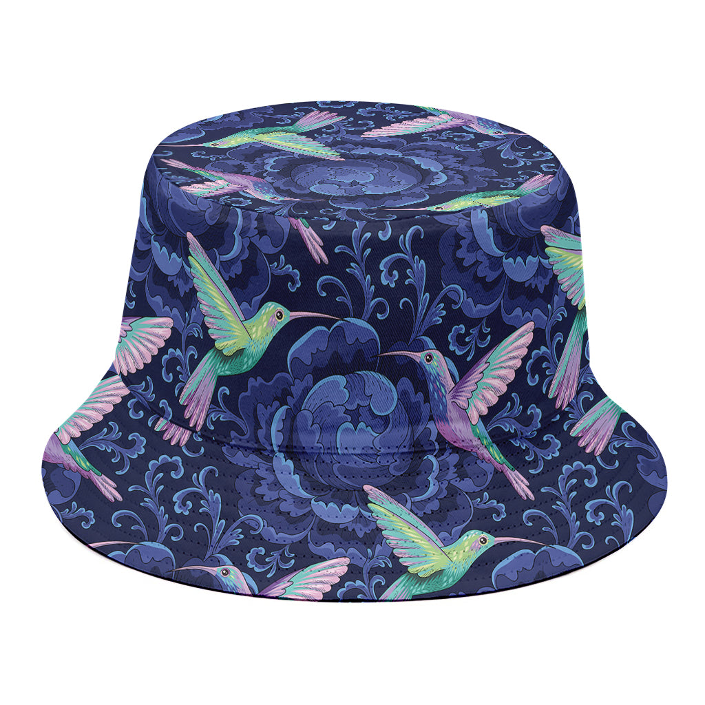 Dark Blue Floral Hummingbird Print Bucket Hat