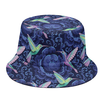Dark Blue Floral Hummingbird Print Bucket Hat