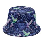Dark Blue Floral Hummingbird Print Bucket Hat