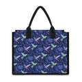 Dark Blue Floral Hummingbird Print Canvas Tote Bag