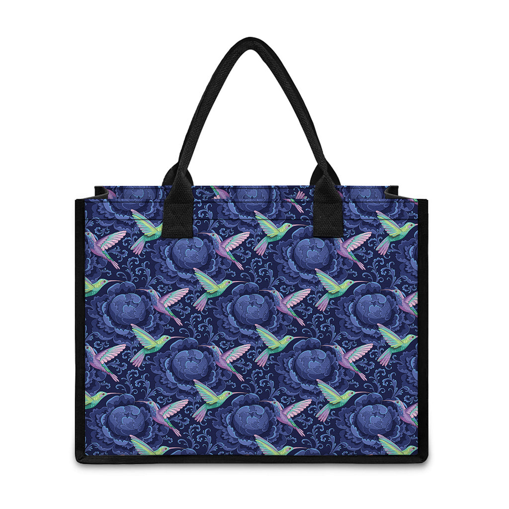 Dark Blue Floral Hummingbird Print Canvas Tote Bag
