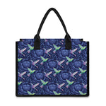 Dark Blue Floral Hummingbird Print Canvas Tote Bag