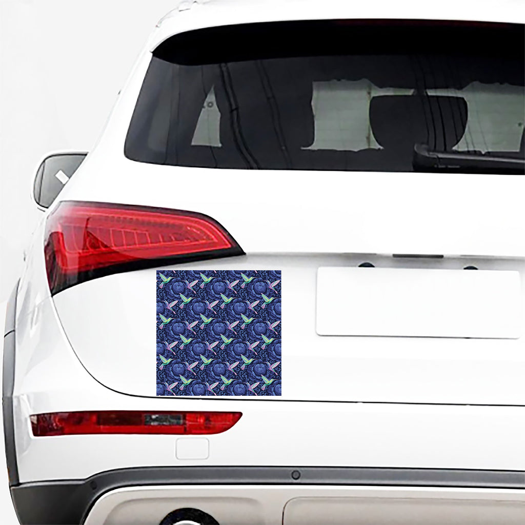 Dark Blue Floral Hummingbird Print Car Sticker