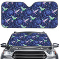 Dark Blue Floral Hummingbird Print Car Windshield Sun Shade