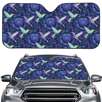 Dark Blue Floral Hummingbird Print Car Windshield Sun Shade