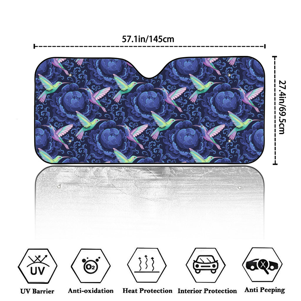 Dark Blue Floral Hummingbird Print Car Windshield Sun Shade