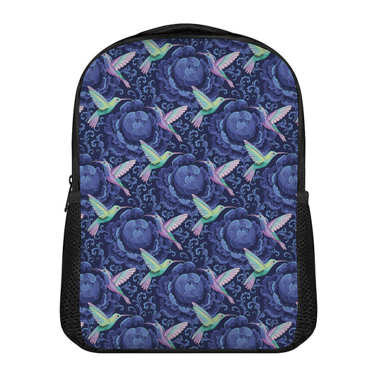 Dark Blue Floral Hummingbird Print Casual Backpack