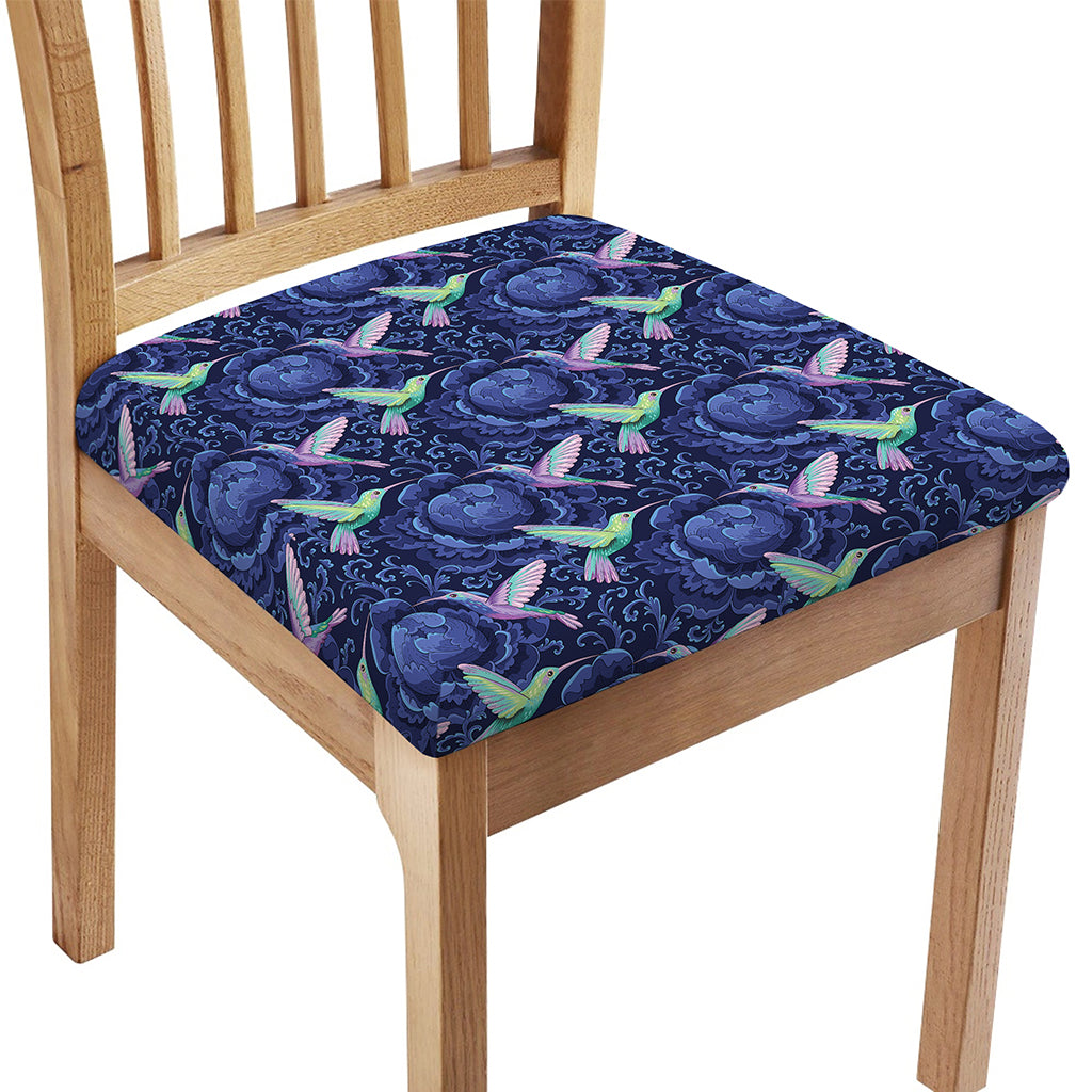 Dark Blue Floral Hummingbird Print Chair Cushion Cover