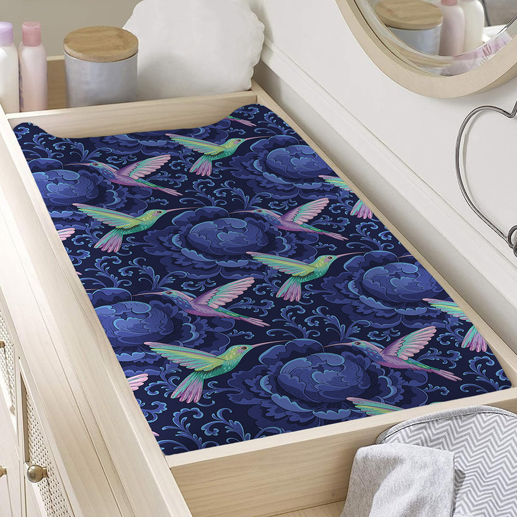 Dark Blue Floral Hummingbird Print Changing Pad Cover