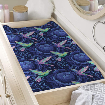 Dark Blue Floral Hummingbird Print Changing Pad Cover