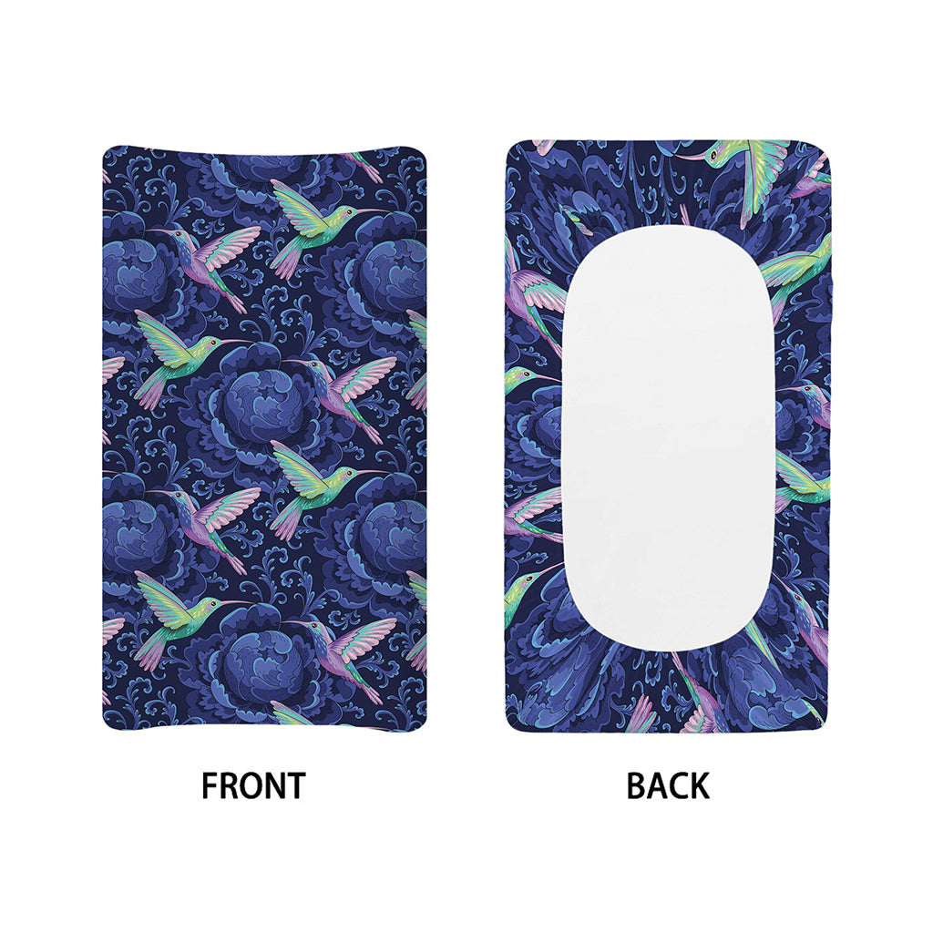 Dark Blue Floral Hummingbird Print Changing Pad Cover