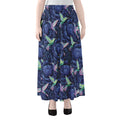 Dark Blue Floral Hummingbird Print Chiffon Maxi Skirt