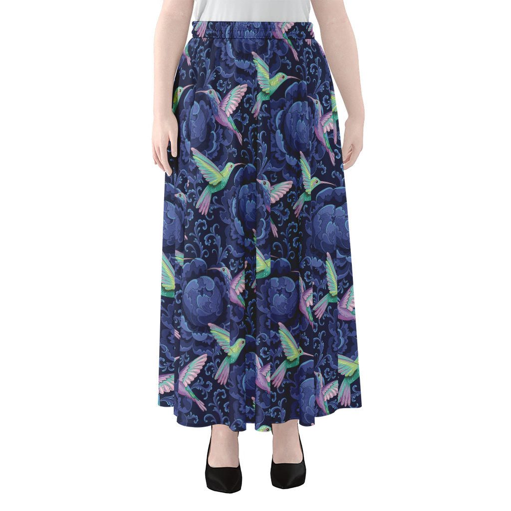 Dark Blue Floral Hummingbird Print Chiffon Maxi Skirt