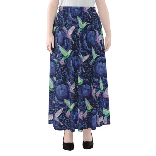 Dark Blue Floral Hummingbird Print Chiffon Maxi Skirt