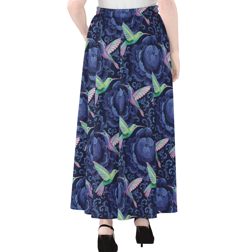 Dark Blue Floral Hummingbird Print Chiffon Maxi Skirt